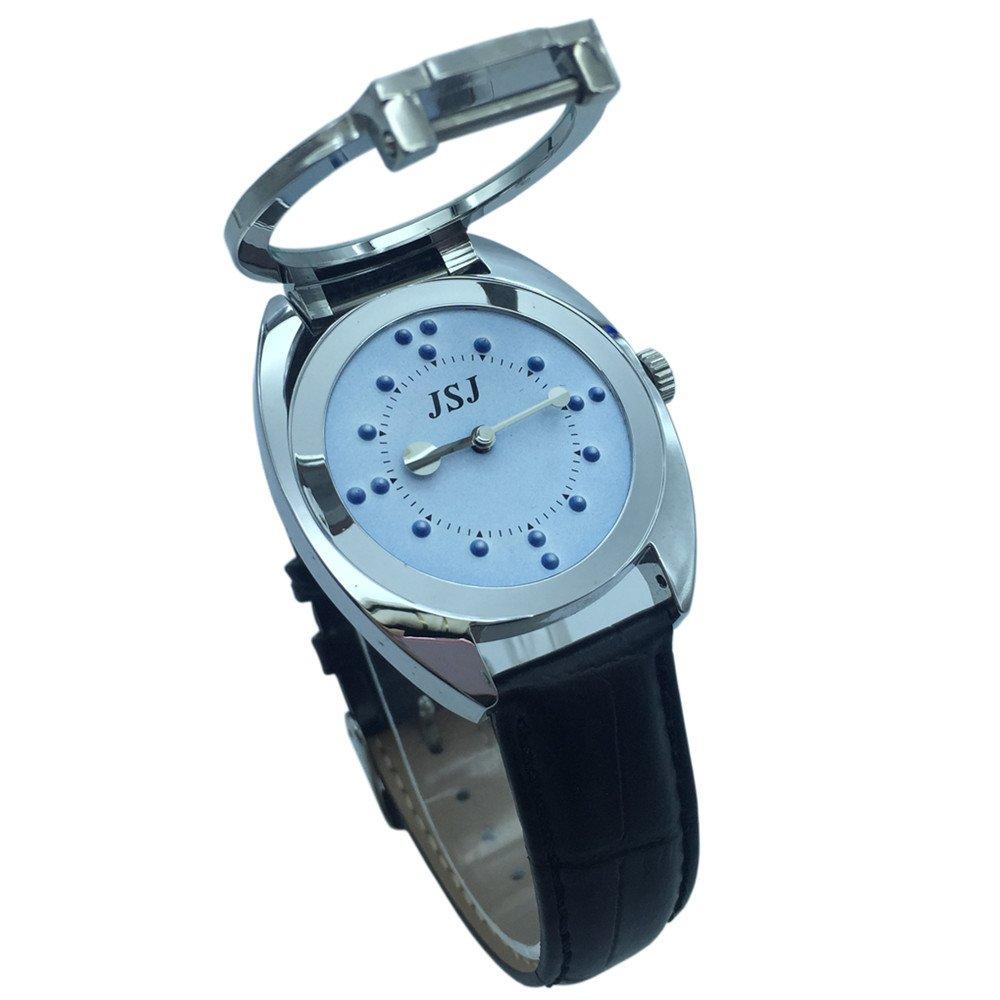 VISIONUStainless Steel Tactile Watch for Blind People-Battery Operated(Leather strap, blue dial)