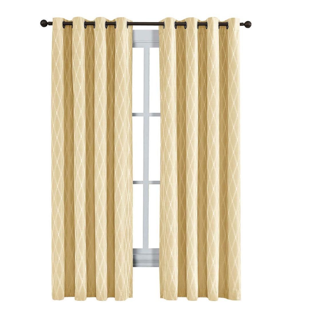 Victoria Thermal Blackout Panels, Top Grommet Jacquard Room Darkening Window Curtains, Pair, Set of 2 Panels, 54 inches Width by 108 inches Long Each Panel, Light Yellow Like Beige