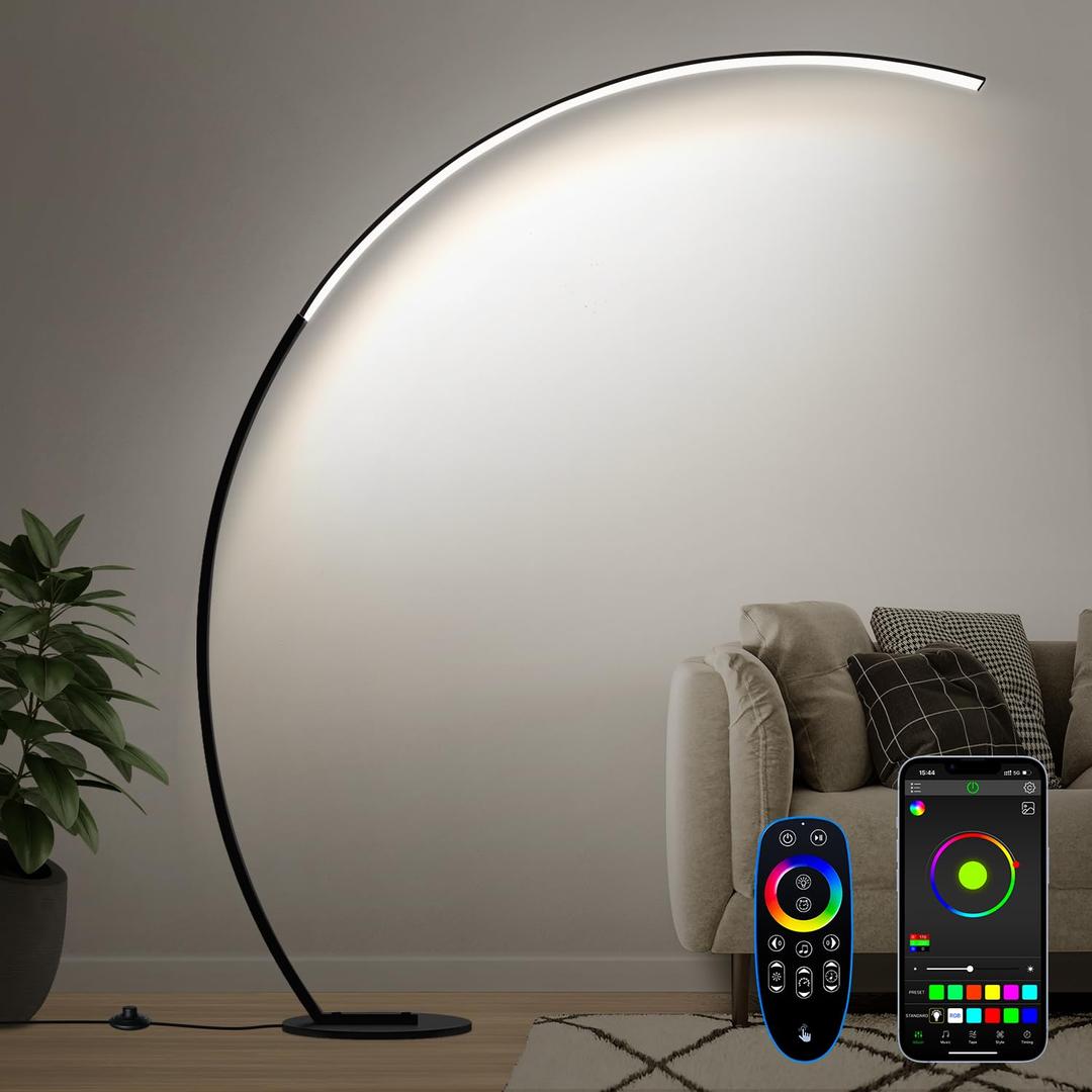 RGB Floor Lamp with 3 Color Temperatures, Ultra Bright 1800LM Smart Arc LED Floor Lamp with Remote Control, Music Sync, Scene Modes, Modern Standing Tall Lamp for Bedroom Living Room Gaming Rooms