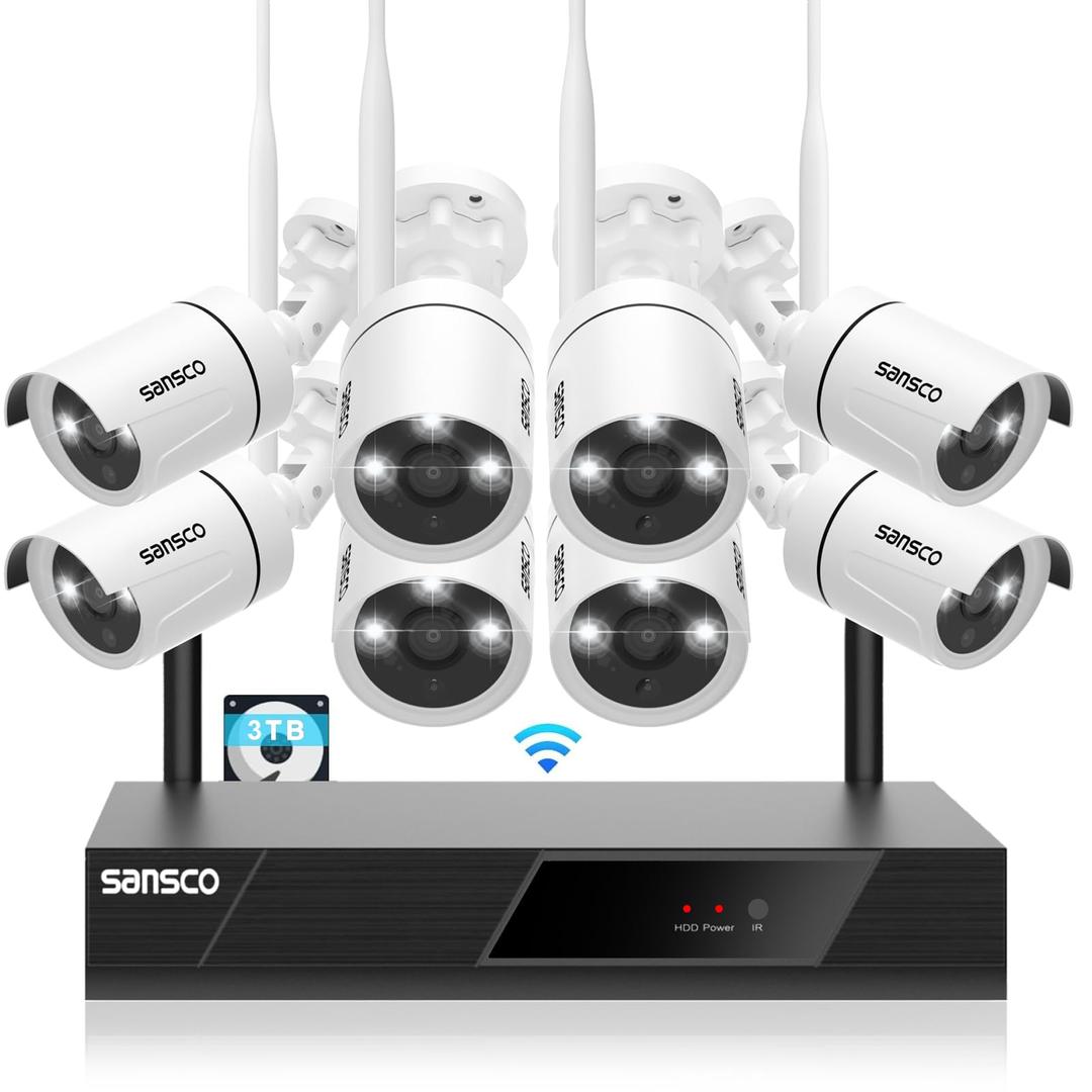 [3TB WiFi Kit] SANSCO Wireless CCTV Security Camera System with 3TB HDD & Audio Rec., 8 Channel NVR, (8) 3MP HD Outdoor IP Bullet Camera (Night Vision, Rapid USB Backup, App/Email Alert, Waterproof)