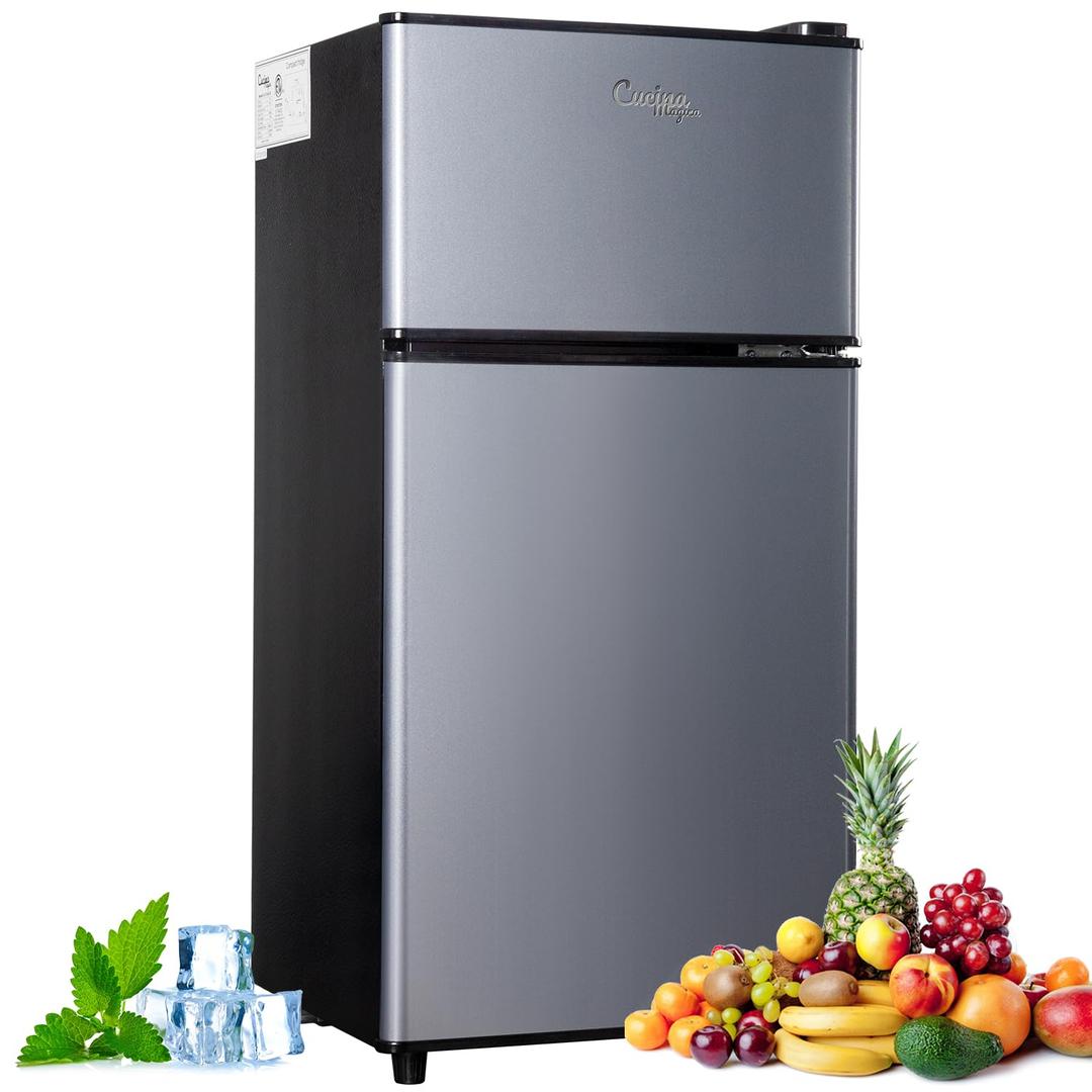 Mini Fridge with Freezer, 3.2 cuft Small Refrigerator, 7 Adjustable Thermostat, Energy Saving, Low Noise, Double Door Compact Refrigerator for Dorm, Bedroom, Office