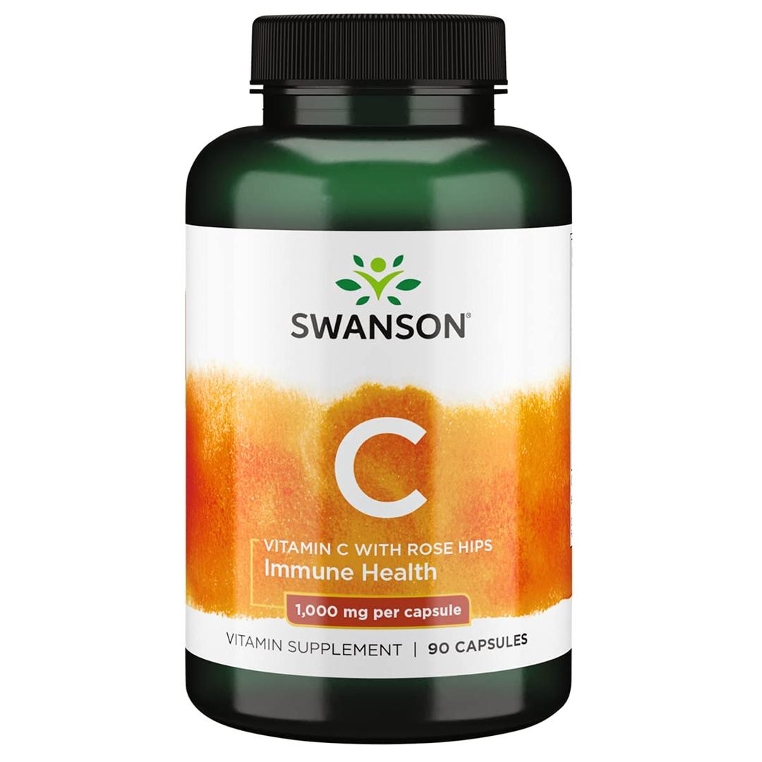 Swanson Vitamin C w/Rose Hips - Herbal Supplement Promoting Skin Health, Heart Health & Immune System Support - Natural Formula Promoting Protection & Wellness - (90 Capsules, 1000mg Each)