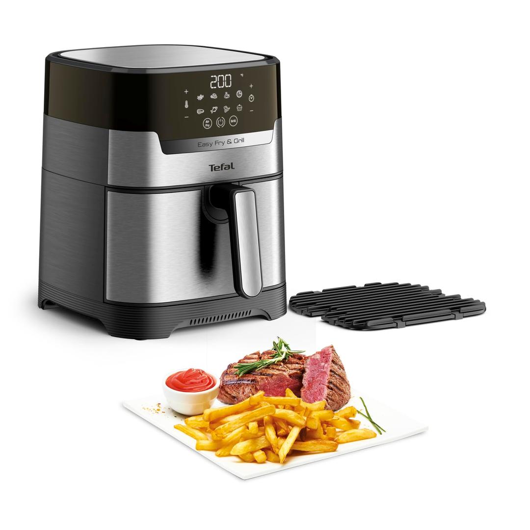 TefalEY505D Easy Fry & Grill Deluxe Hot Air Fryer, 2-in-1 Technology (Hot Air Fryer and Grill), 4.2 Litre Capacity, 8 Automatic Programs, Timer, Stainless Steel