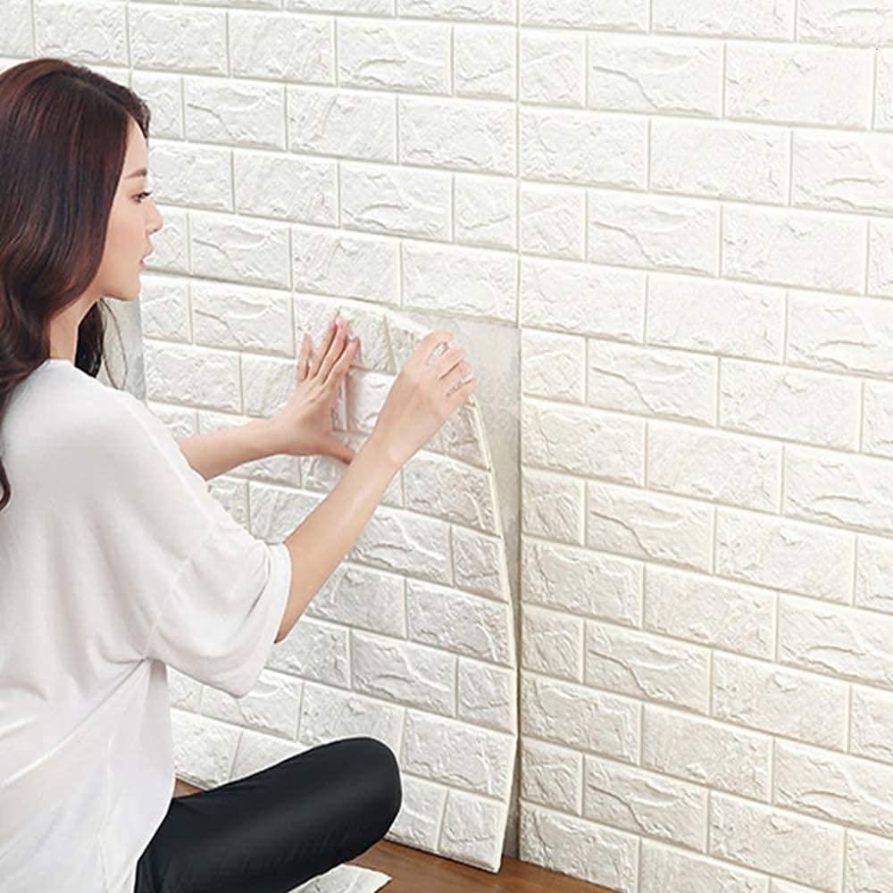 Bibykivn 10 PCS 3D Brick Wallpaper, 13×15’’ DIY Self Adhesive Wall Tiles, Waterproof,Masonry Effect, Home Decoration, 3D Wall Panel,Suitable for Kitchen, Bathroom, Living Room (10PCS 13×15’’, White)