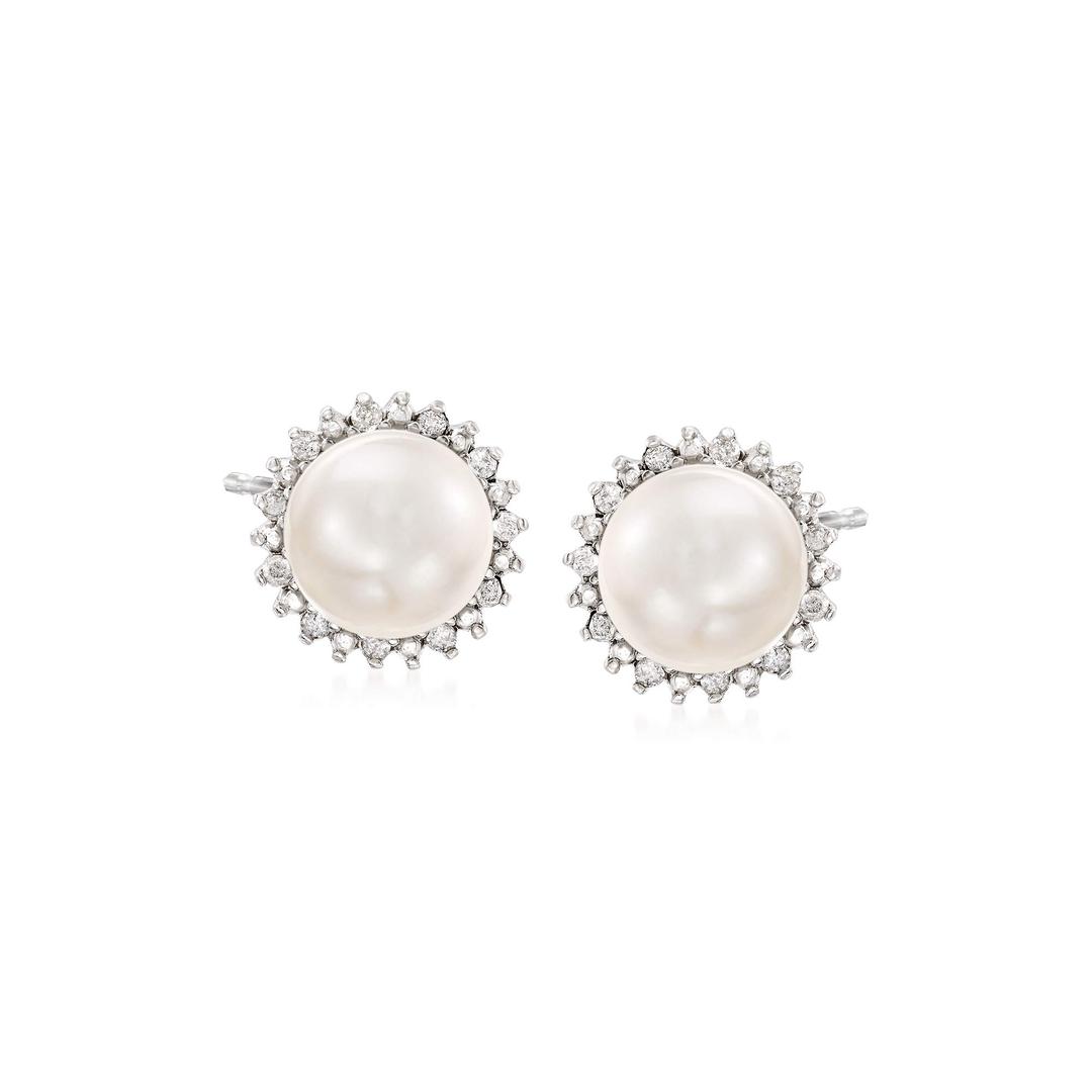 Ross-Simons7-7.5mm Cultured Button Pearl and .13 ct. t.w. Diamond Stud Earrings in Sterling Silver