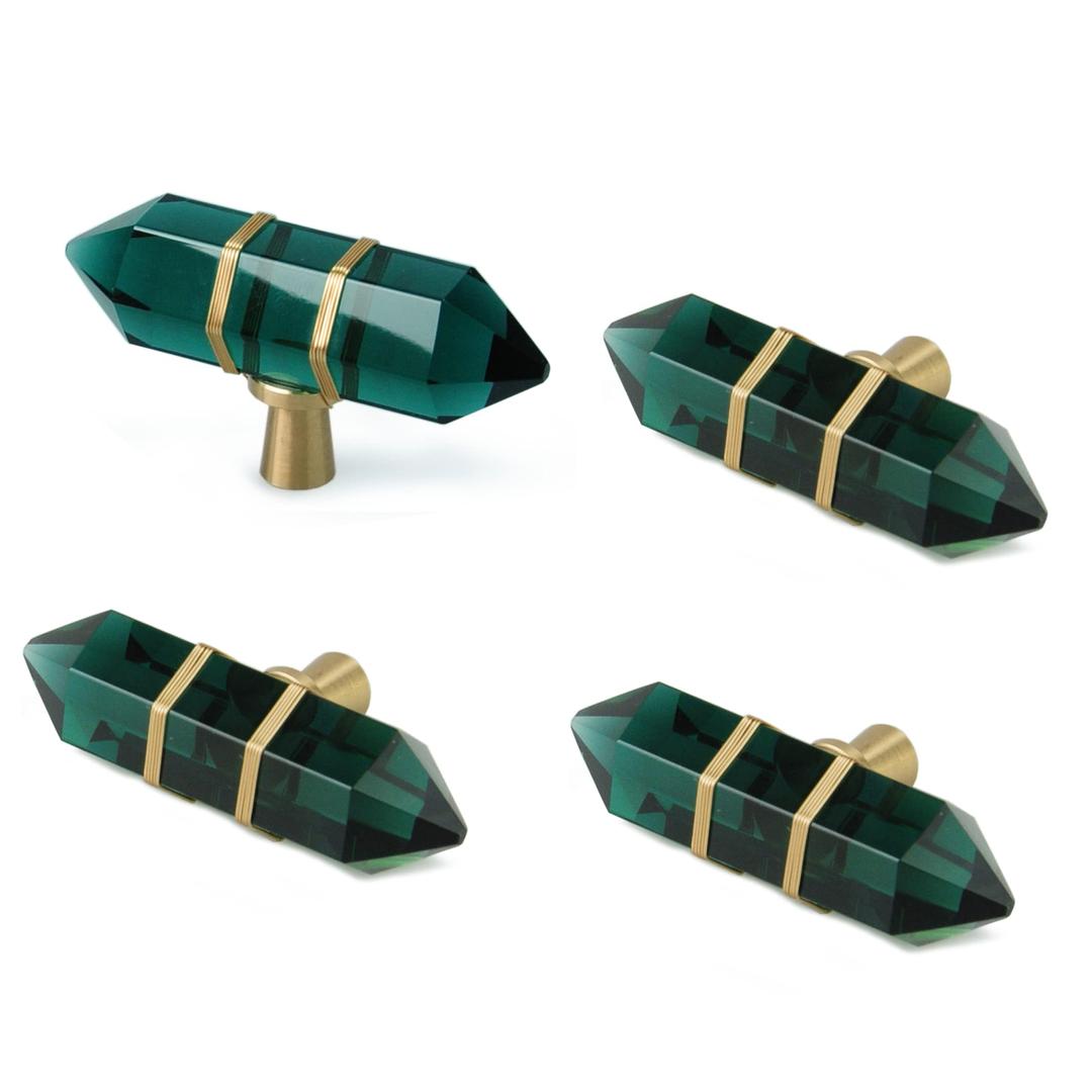 JEREVER 4 Pack Hexagonal Crystal Knobs Wire Wrapped Glass Brass Drawer Pull Cabinet Handle Gold Furniture Hardware for Dresser Kitchen (Green)