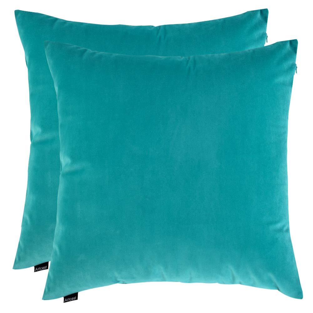 Artcest Set of 2, Cozy Solid Velvet Throw Pillow Case Decorative Couch Cushion Cover Soft Sofa Euro Sham with Zipper Hidden, 18"x18" (Light Teal)