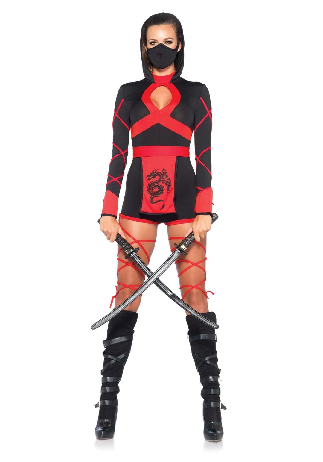 Leg AvenueWomen's 3 Pc Dragon Ninja Costume with Hooded Romper, Waist Sash, Face Mask