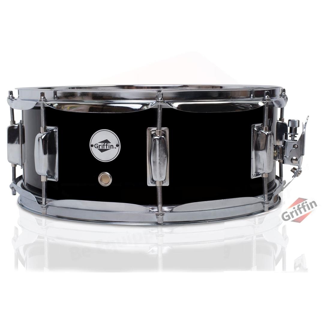 GRIFFIN Snare Drum | Poplar Wood Shell 14" x 5.5" with Black PVC & Coated Head | Acoustic Marching Percussion Musical Instrument Set with Drummers Key, 8 Metal Tuning Lugs & Snare Strainer Throw Off