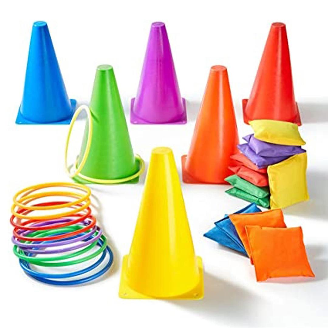 30 Pcs 3 in 1 Ring Toss Game, Carnival Games Set Soft Plastic Cones Bean Bags Ring Toss Games for Kids Birthday Party