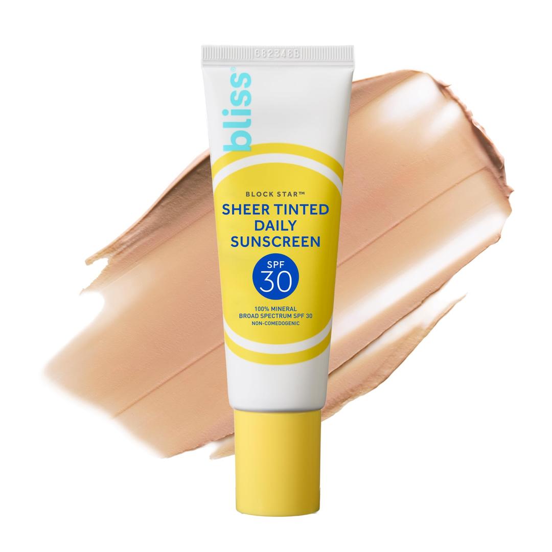 Bliss Block Star SPF 30 Invisible Daily Tinted Sunscreen with Zinc Oxide, Sunscreen & Makeup Primer - 100% Mineral Broad Spectrum Sunscreen with Titanium Dioxide and Antioxidant Blend,- 1.4 fl oz.