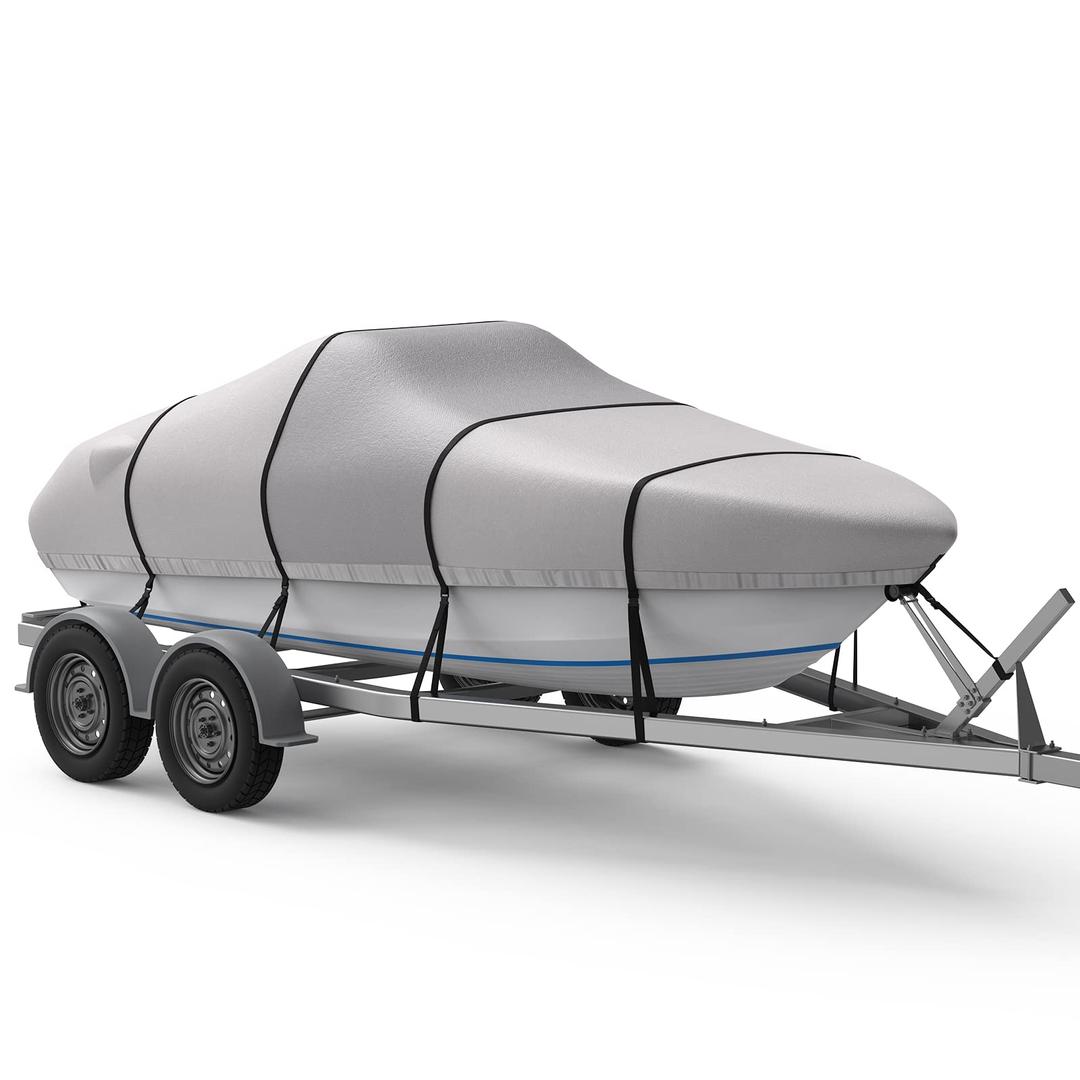 Middle 1200D Reinforced Boat Cover with Storage Bag Trailerable Marine Grade Waterproof Boat Cover Fits Bass Boat, V-Hull, Runabout, Length: 17'-19', Beam Width up to 96", Gray