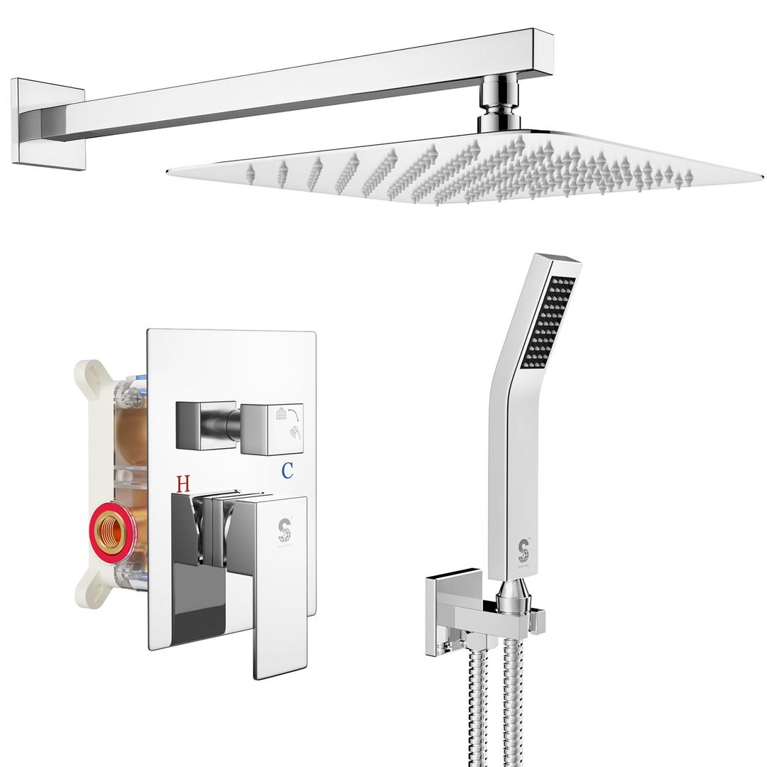 SR SUN RISESRSH-D1203 12 Inches Bathroom Luxury Rain Mixer Shower Combo Set Wall Mounted Rainfall Shower Head System Polished Chrome Shower Faucet Rough-in Valve Body and Trim Included