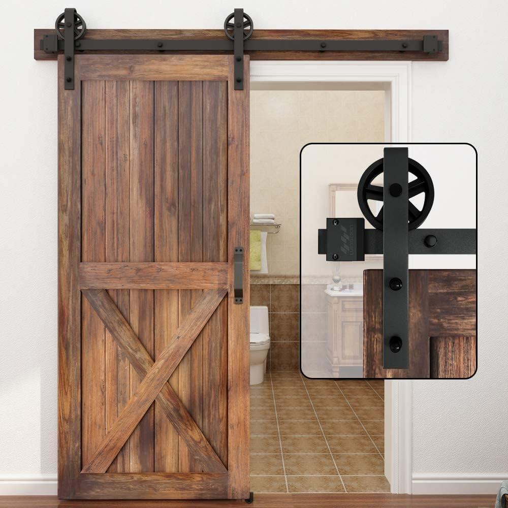 WINSOON 5-16FT Single Wood Sliding Barn Door Hardware Basic Black Big Spoke Wheel Roller Kit Garage Closet Carbon Steel Flat Track System (7.5FT)