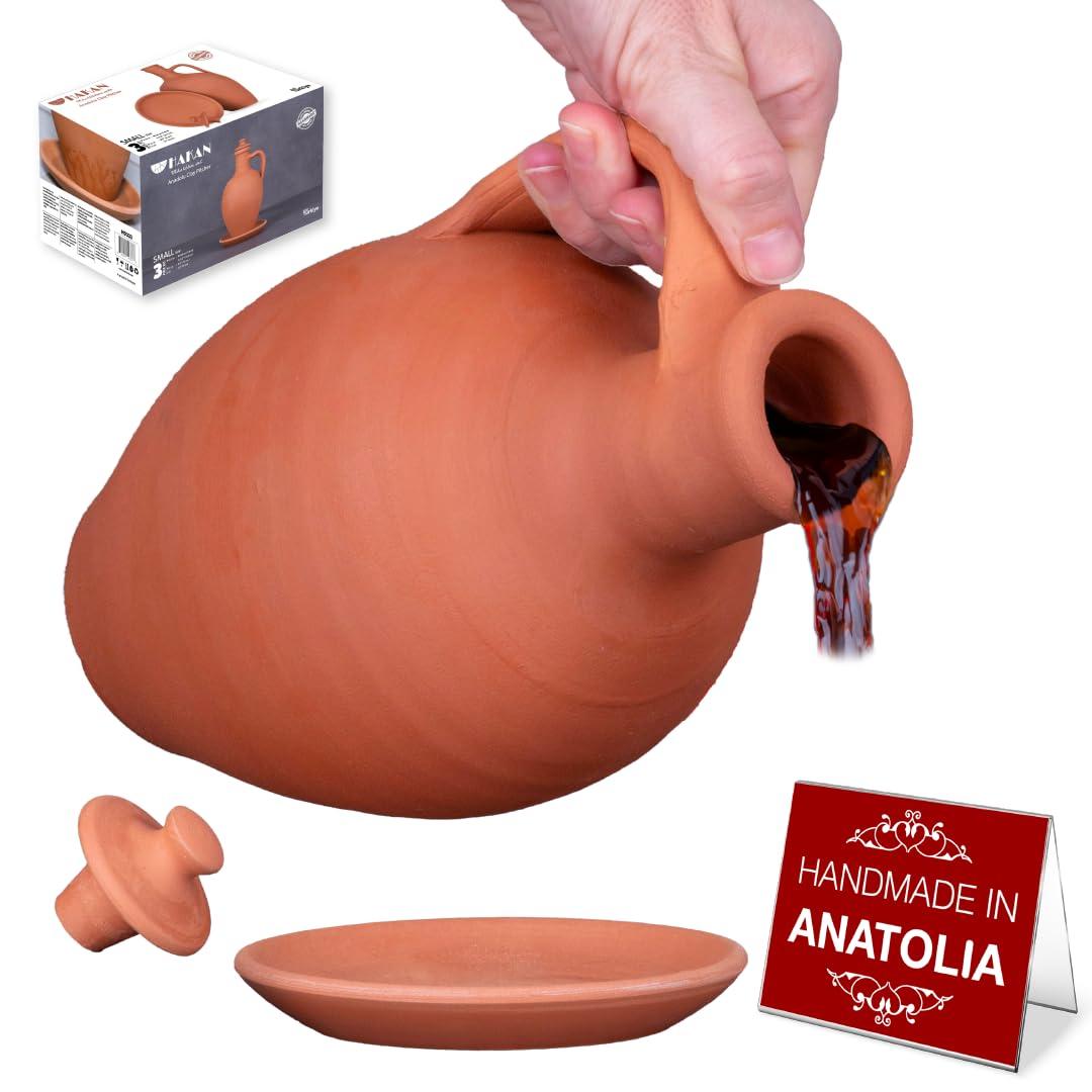 Hakan Anadolu Natural Clay Water Pitcher Set | Unglazed Terracotta Water Carafe & Plate | Traditional Small Mud Jug | Pottery Jar for Drinking Water | Small | 1.6 qts