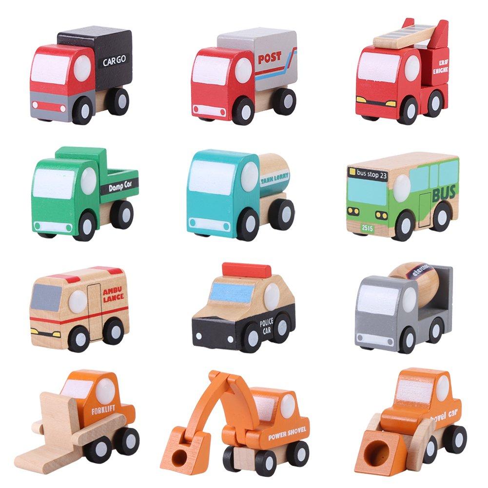 12 Pack Wooden Vehicle Set Baby Kid Cartoon Toy Car Early Learning Educational Traffic Toys Children Gift for Boys Kids Child Party Favors