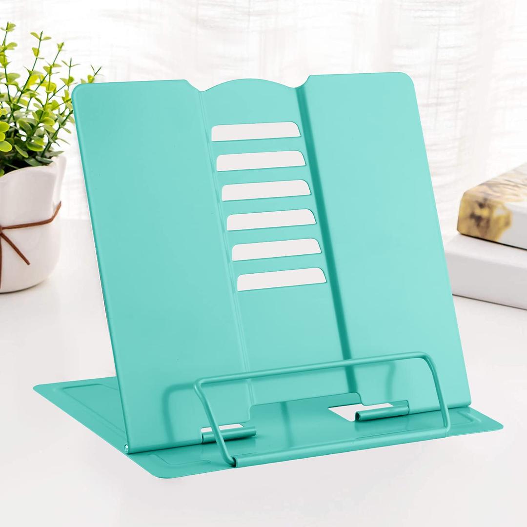 MSDADA Book Stand Metal Reading Rest Book Holder Adjustable Cookbook Documents Holder Portable Sturdy Bookstands for Recipes Textbooks Tablet Music Books with Page Clips (Light Green)