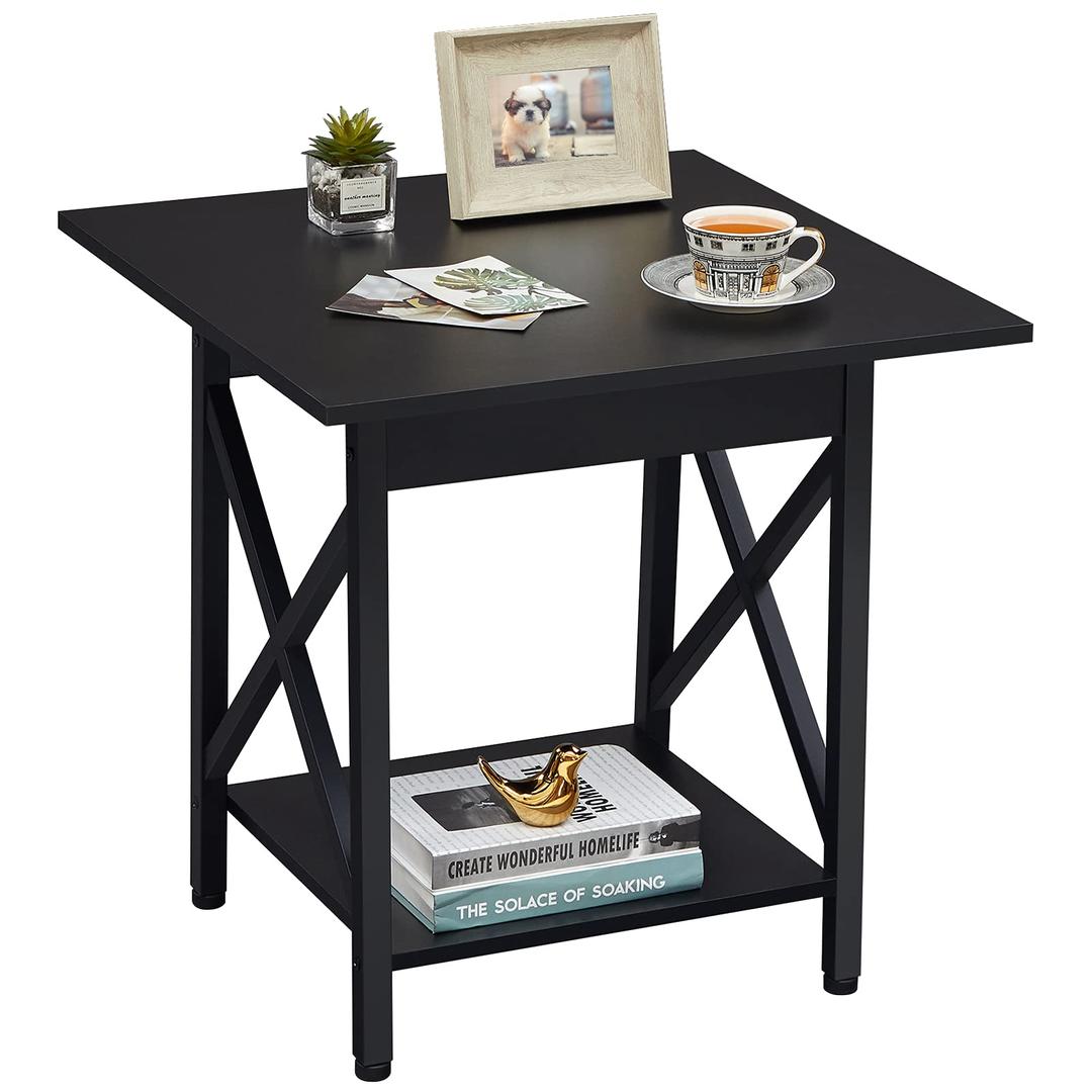 GreenForest End Table Large 24 inch Farmhouse Industrial Design Side Table Nightstand with Storage Shelf for Living Room, Easy Assembly, Black