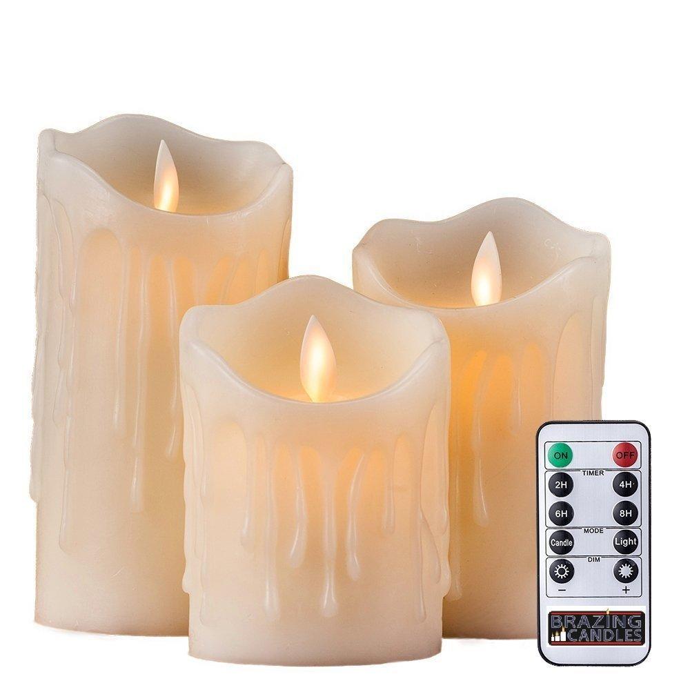 BRAZING CANDLES 3 pc Pillar Flameless LED Candles, Ivory, with Remote, Dripping Wax Look