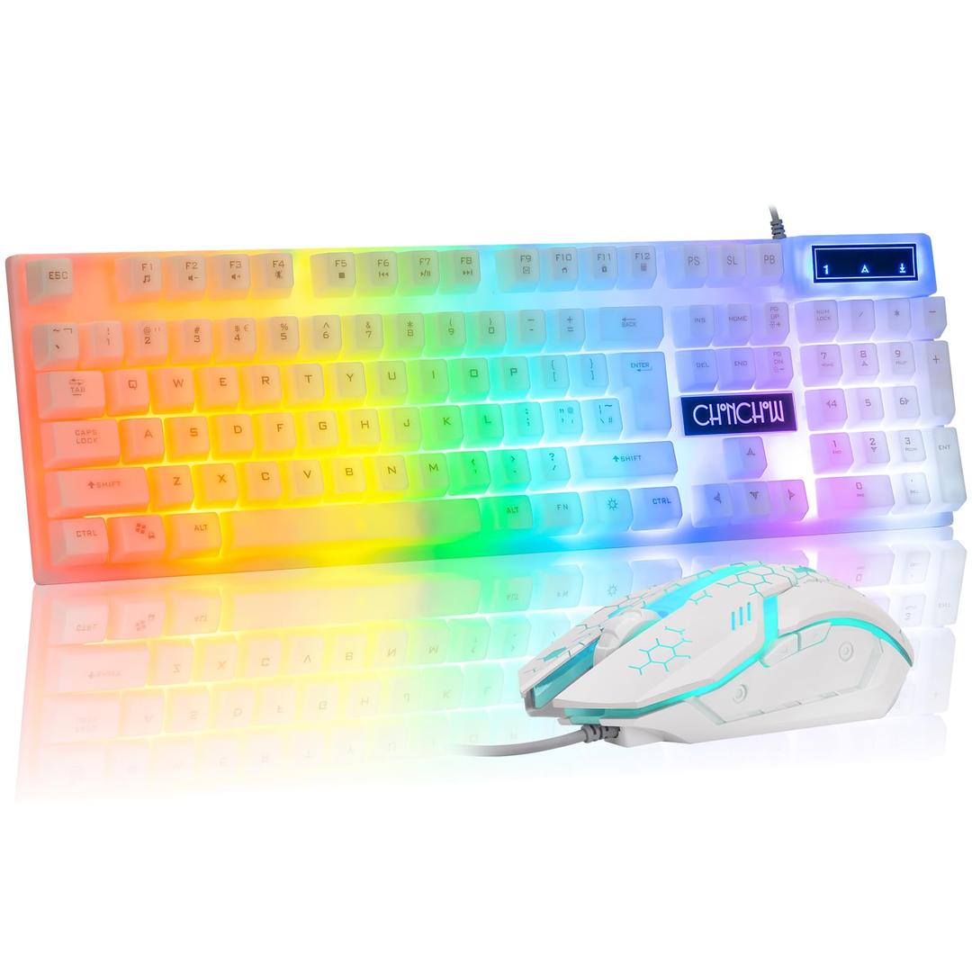 CHONCHOW LED Keyboard and Mouse, 104 Keys Rainbow Backlit Keyboard and 7 Color RGB Mouse, White Gaming Keyboard and Mouse Combo for PC Laptop Xbox PS4 Gamers and Work