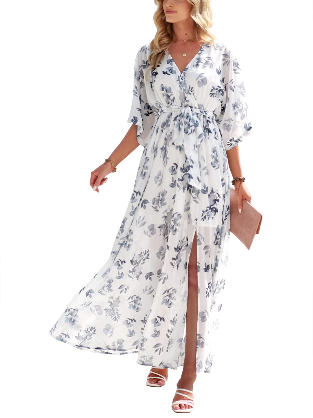 ANRABESSWomen’s Summer Loose Boho Flowy Wrap V Neck 3/4 Sleeve Floral Print Slit Beach Wedding Guest Long Maxi Dresses 2024