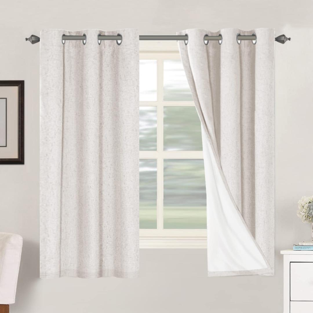 H.VERSAILTEX Primitive Linen Curtains 100% Blackout Curtain Drapes Burlap Fabric Curtains with White Thermal Insulated Liner, Grommet Top Curtains Living Room/Bedroom (2 Panels, 42 x 63 Inch, Ivory)