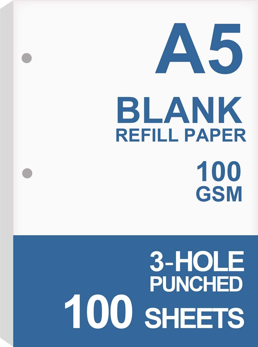 A5 Filler Paper, 3 Hole Planner Refills, Organizer, Binders, Total 100 Sheets/200 Pages, 100gsm, Blank, White Paper, 5.8 x 8.2 Inch, 3 Hole Filler Paper, Mini Binder Refills, Fit 3 Hole Binder Only