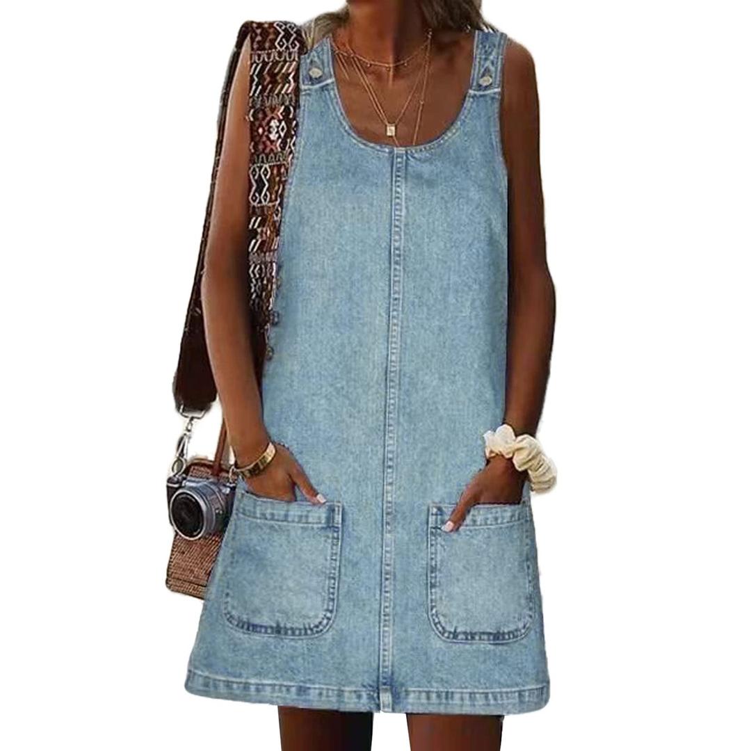 Denim Overall Dress for Women Casual Mini Sleeveless Jean Vintage Jumper Skirt Dress with Pockets