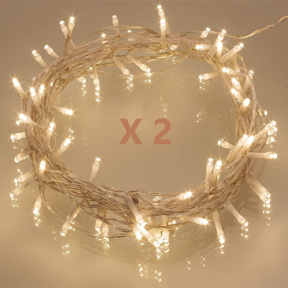 [2 Set] 50 LED Outdoor [Timer] Battery Fairy Lights on 5M Clear String Cable - (8 Modes, 120 Hours of Lighting, IP65 Waterproof, Warm White)