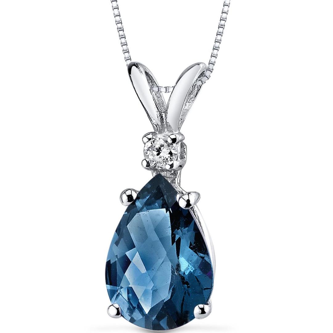 PEORALondon Blue Topaz with Diamond Pendant for Women 14K White Gold, Natural Gemstone Birthstone Teardrop Solitaire, Pear Shape, 10x7mm, 2 Carats total