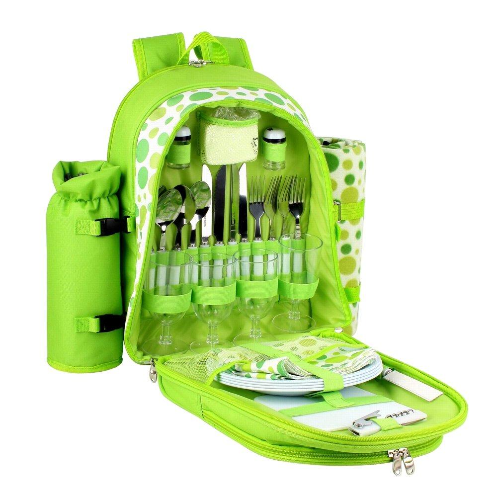 Confidence Picnic Backpack Hamper Bright Green Polkadots Inc Plates, Cutlery