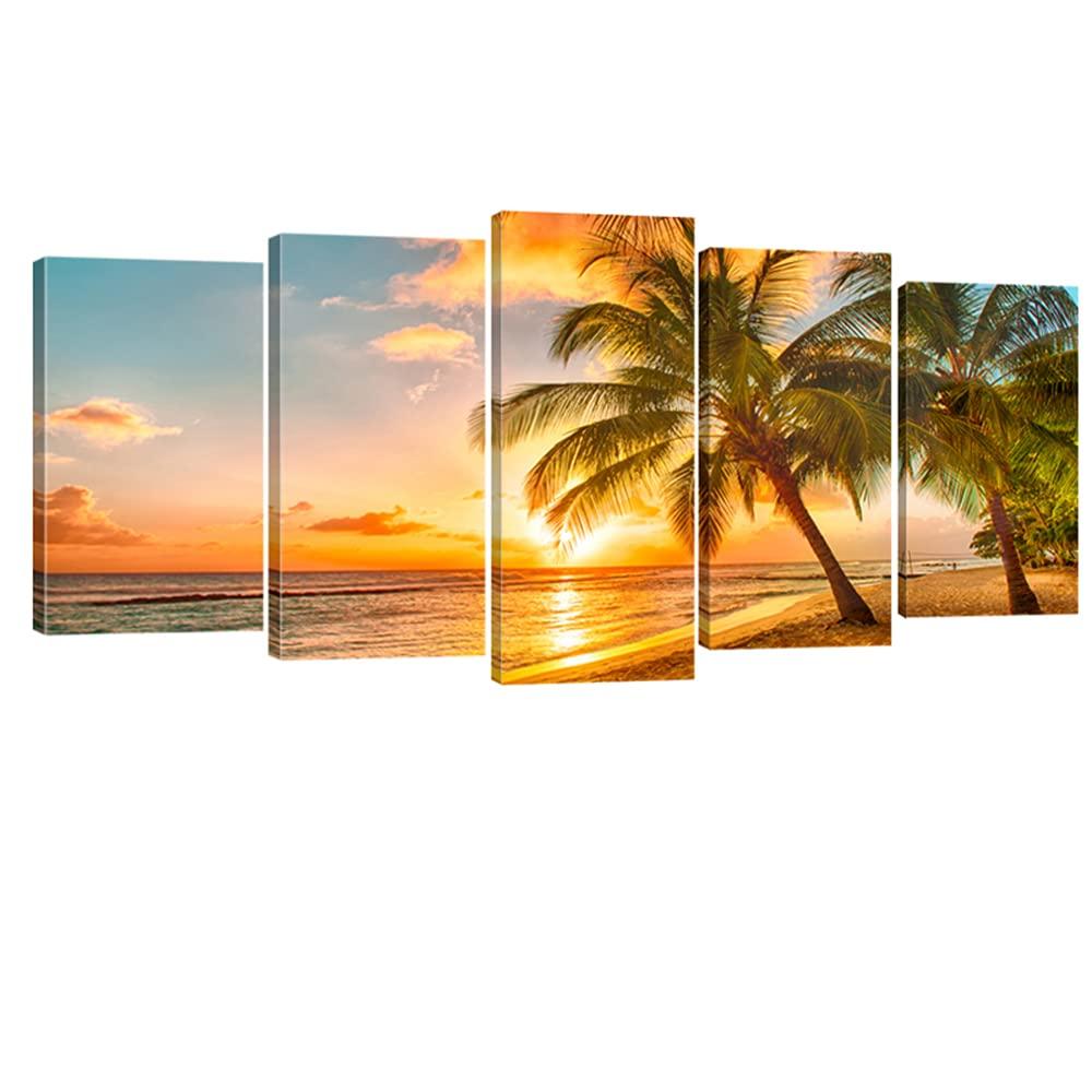 Wieco Art Cozy Sea Extra Large Modern Ocean Sunset Sea Beach Canvas Prints Pictures Paintings on Canvas Wall Art for Home Decor 5 Panels Gallery Wrapped Tropical scenery Seascape Giclee Artwork