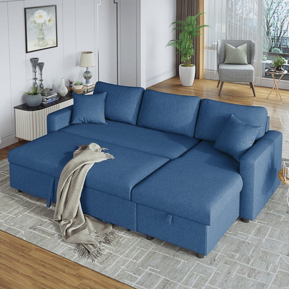 karnakDiwan Sofa Cum Bed With Cushions L-Shaped Storage Space | Convertible Living Room Furniture (BLUE)