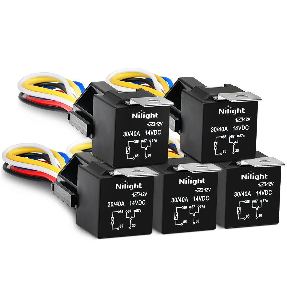 Nilight50003R Automotive Set 5-Pin 30/40A 12V SPDT with Interlocking Relay Socket and Wiring Harness-5 Pack, 2 Years Warranty