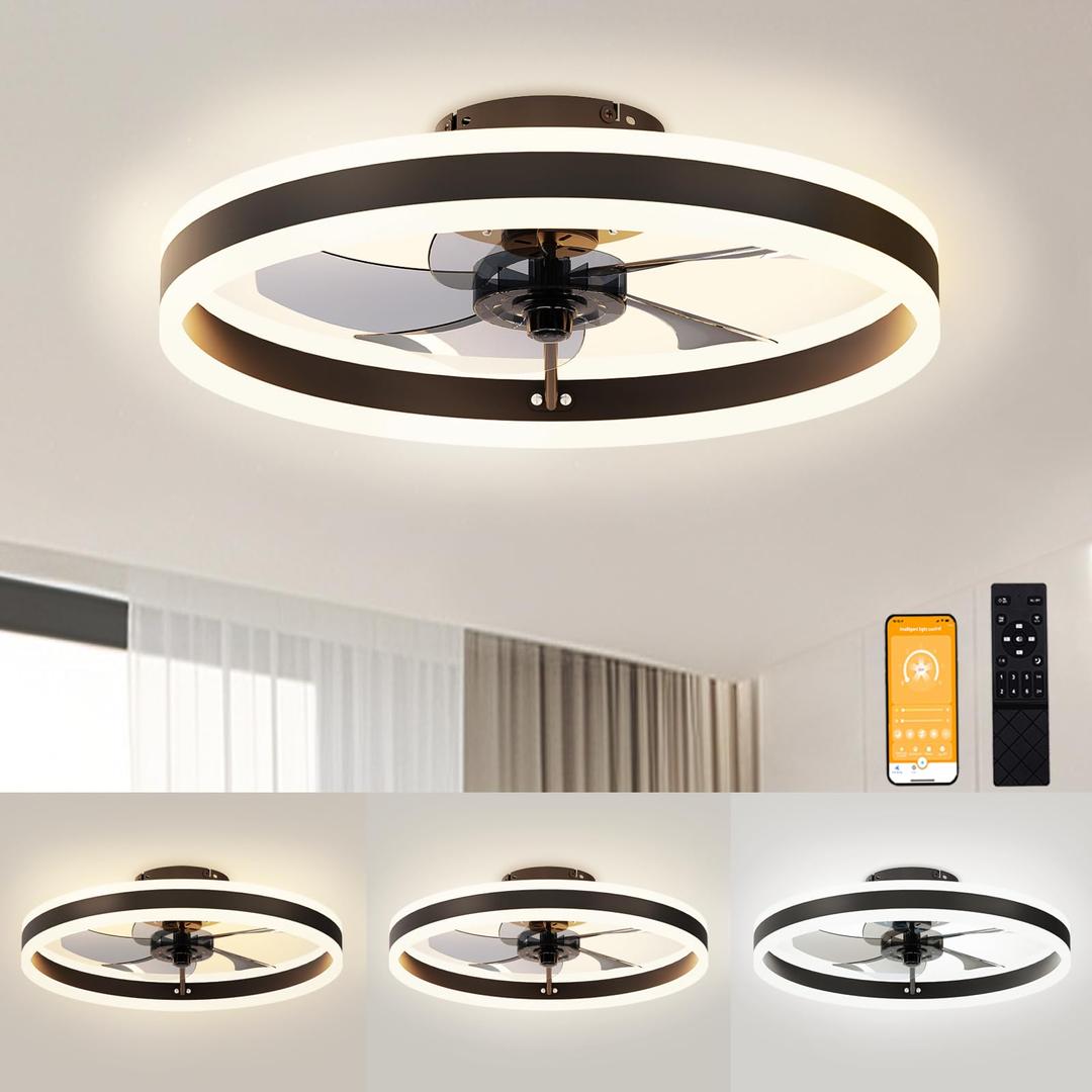 VOLISUNLow Profile Ceiling Fans with Lights and Remote, 19.7in Flush Mount Ceiling Fans with Light, 3000K-6500K Dimmable Fandelier LED Fan Light, Black Bladeless Ceiling Fans with Lights for Bedroom