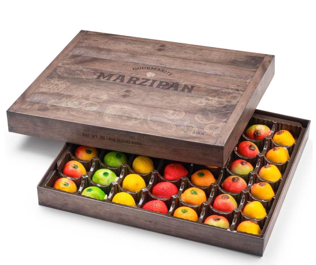 Gourmanity Marzipan Candy Gift Box, 42 Delicious Marzipan Fruit Shaped Pieces, Gourmet Candy Sure to Impress, Made in the USA [1.3lb/588g]