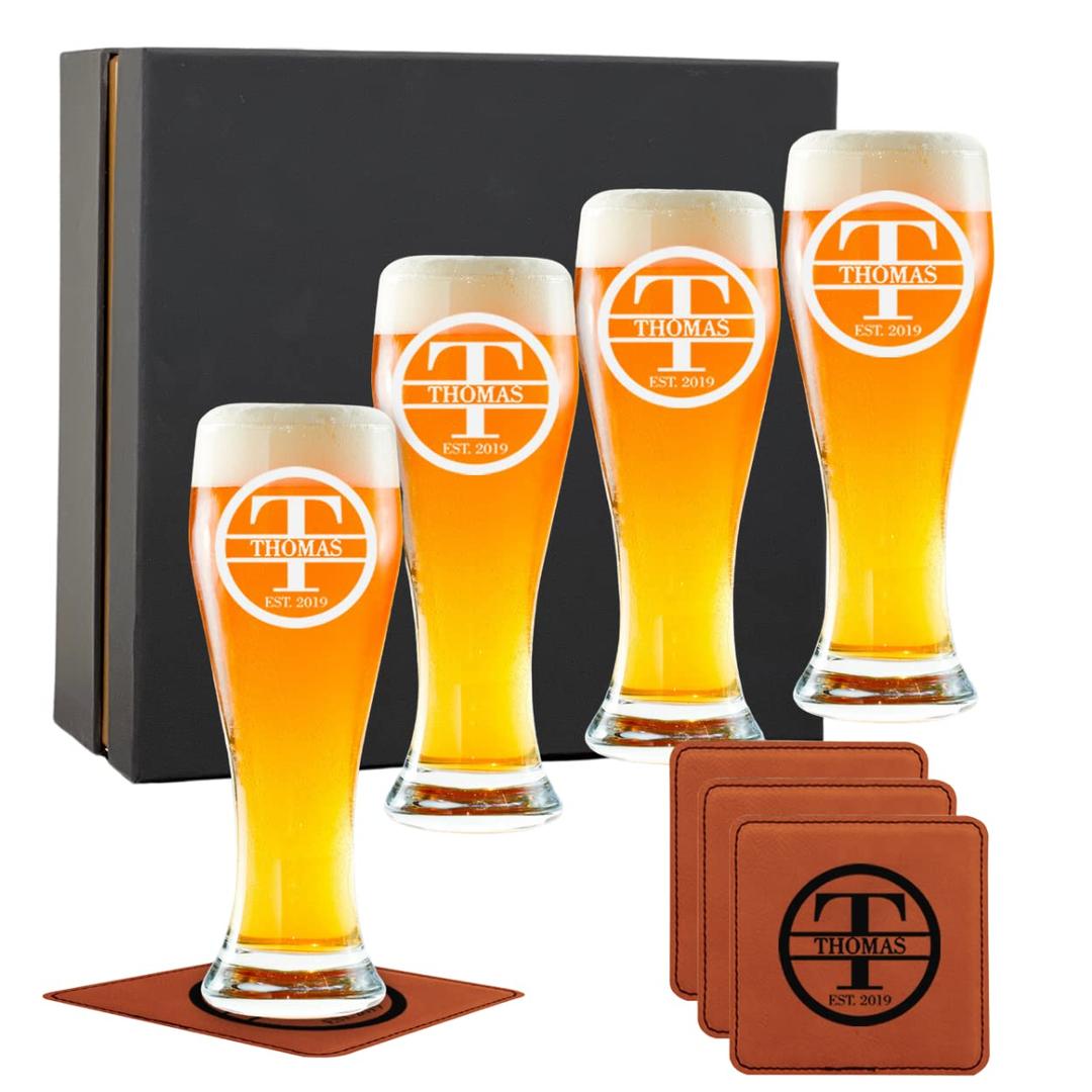 Customized Gifts for Men - Personalized Beer Glass Set w Engraved Coasters - Monogram Etched Pilsner Glasses Great for Family Home Bar - Valentine's, Housewarming & More.