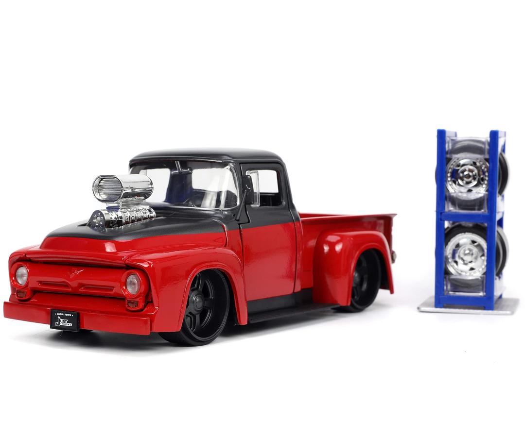 Jada ToysJust Trucks 1:24 1956 Ford F-100 Pickup Truck Red/Dark Gray with Tire Rack