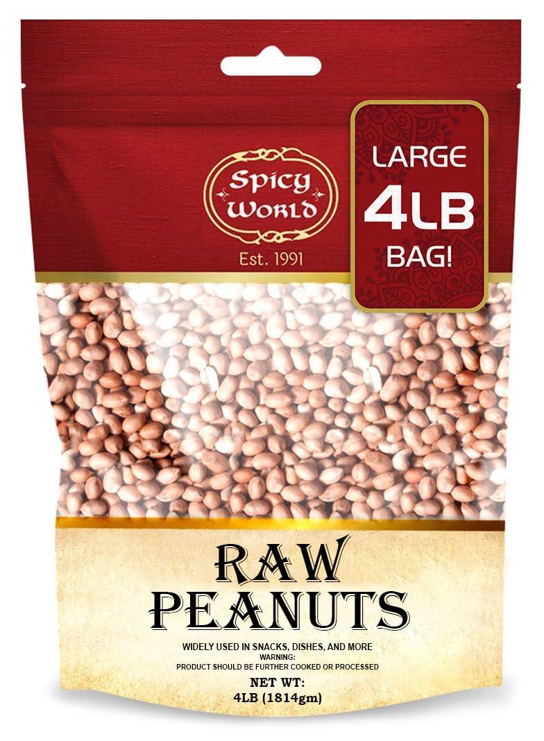 Spicy World Peanuts, Raw Whole With Skin (Uncooked, Unsalted) 4 Pound (64oz) ~ All Natural USA Grown Red Skin