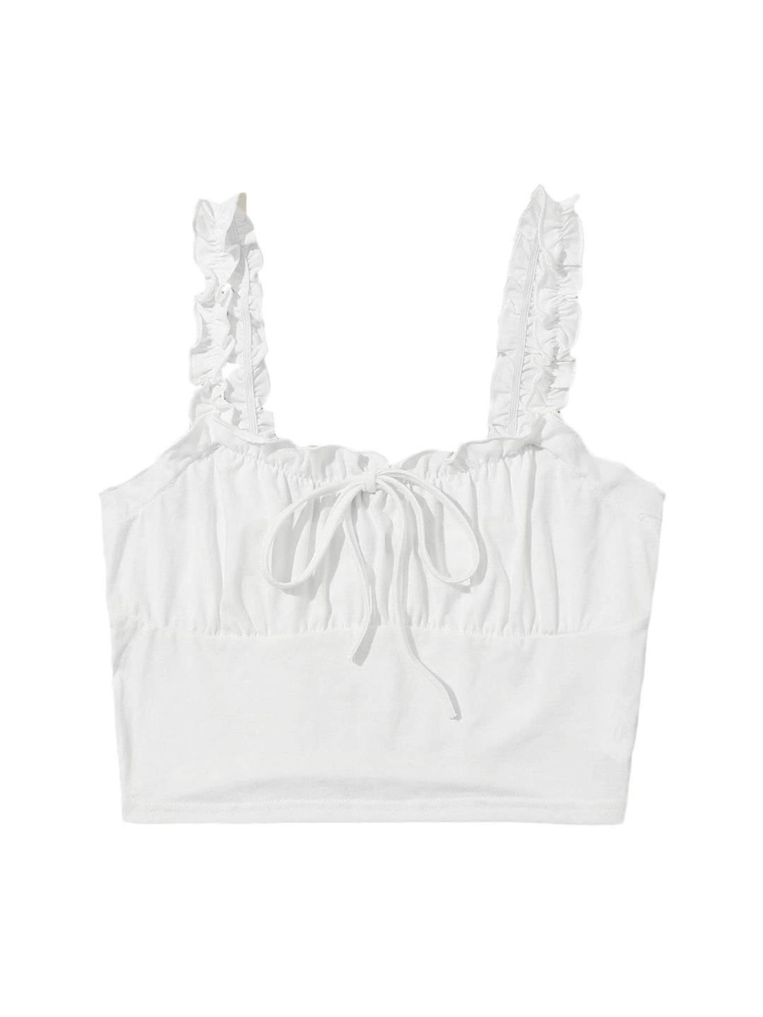 VerdusaWomen's Frill Trim Strap Tie Knot Ruched Front Bustier Crop Top