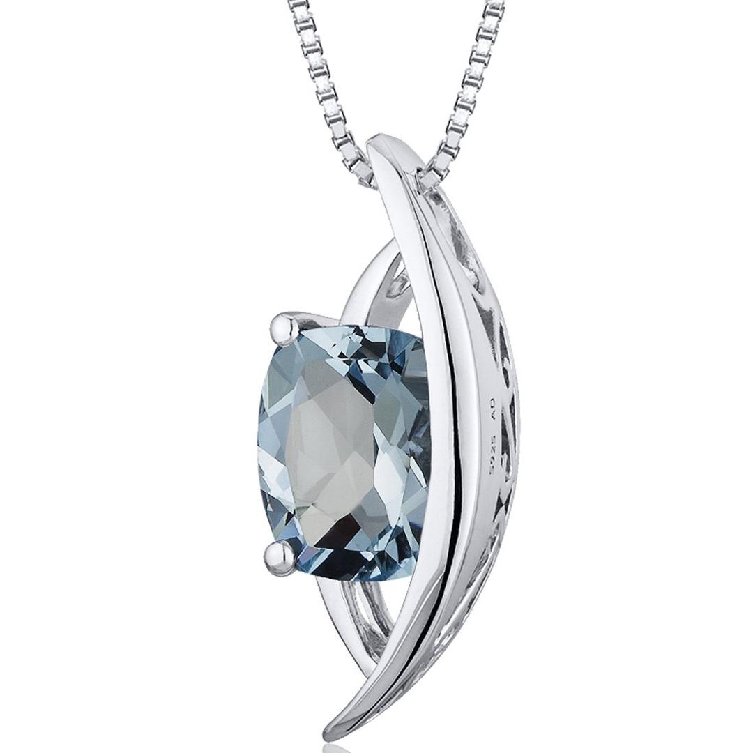 PEORAAquamarine Pendant Necklace for Women 925 Sterling Silver, Natural Gemstone, 2 Carats Radiant Cut 8x6mm, Vintage Floating Solitaire Design with 18 inch Chain