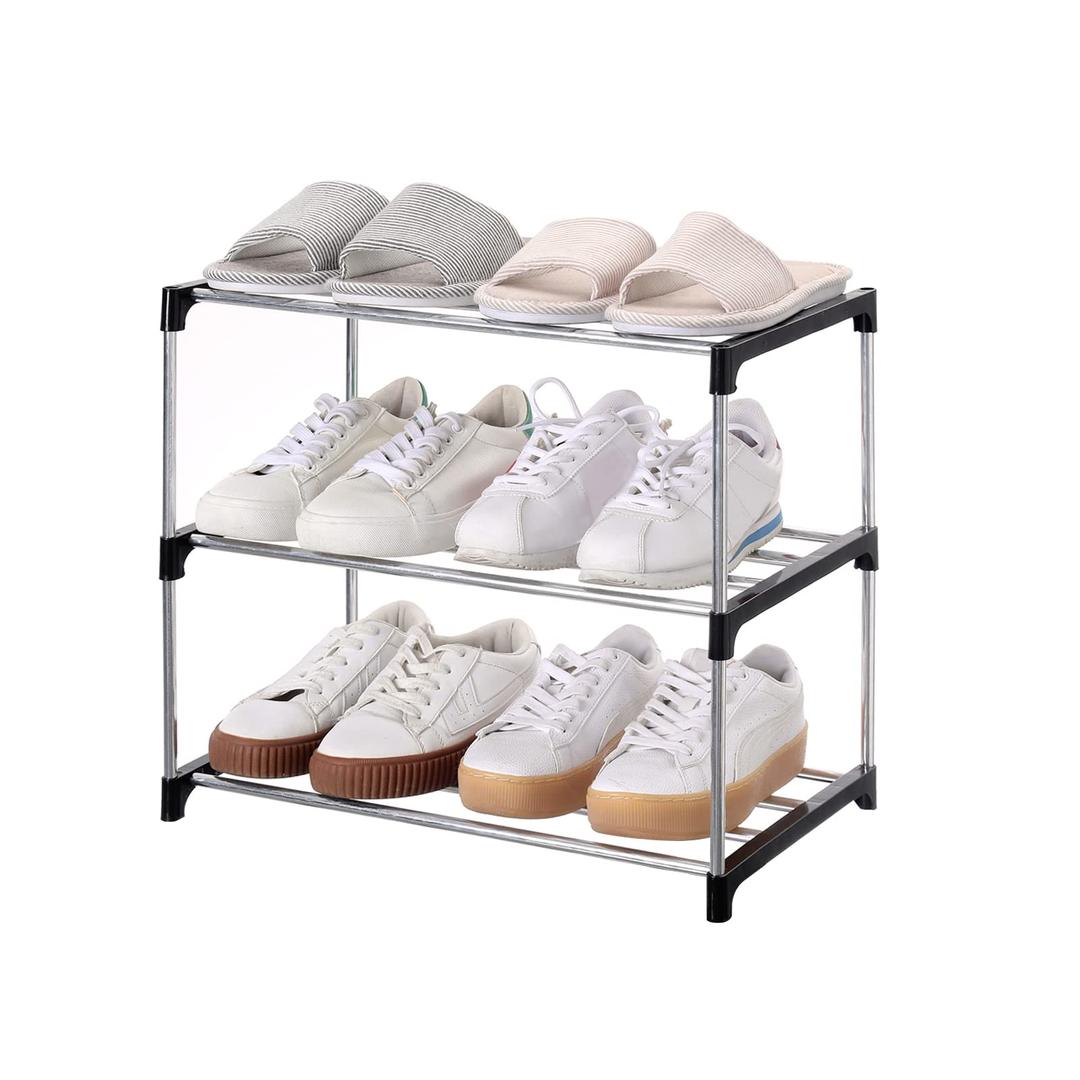 Stackable Small Shoe Rack, Entryway, Hallway and Closet Space Saving Storage and Organization (3-Tier, Black)