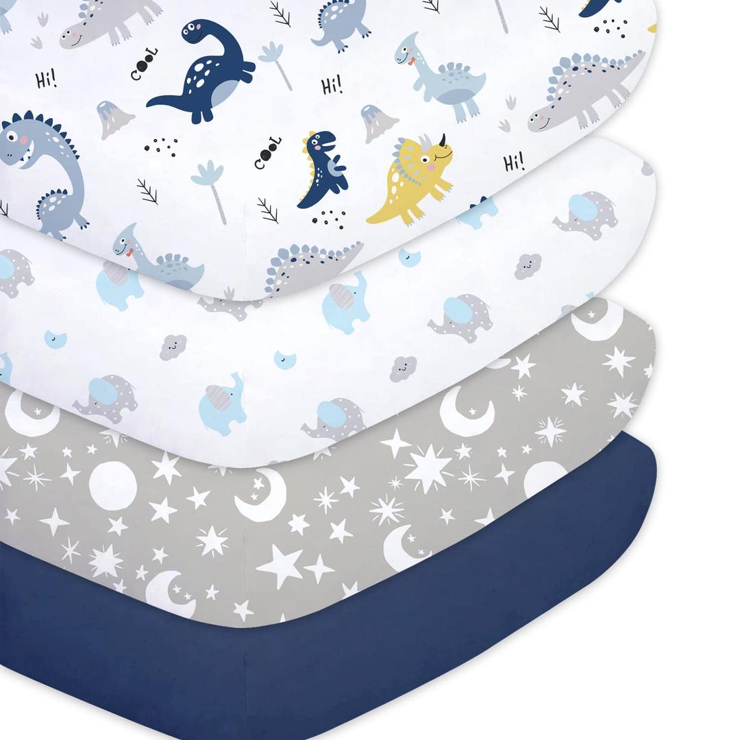 Crib Sheets for Baby Boys 4 Pack, 28"x 52" Extra Soft Microfiber Crib Sheet Set for Standard Crib & Toddler Mattress Pad, Dinosaur & Elephant & Stars & Navy Blue