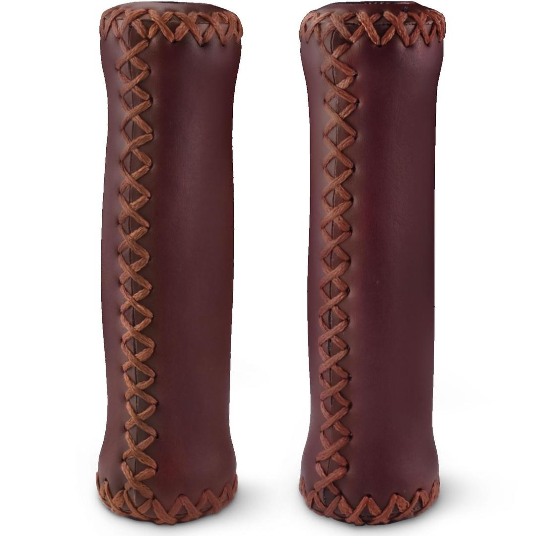 MARQUE Cruiser Bike Handlebar Grips - Brown Vinyl Leather Grips in 135mm with Hand-Stitched Seam for 22.2mm (7/8") Beach Cruiser Bicycle Handlebar for Woman & Man