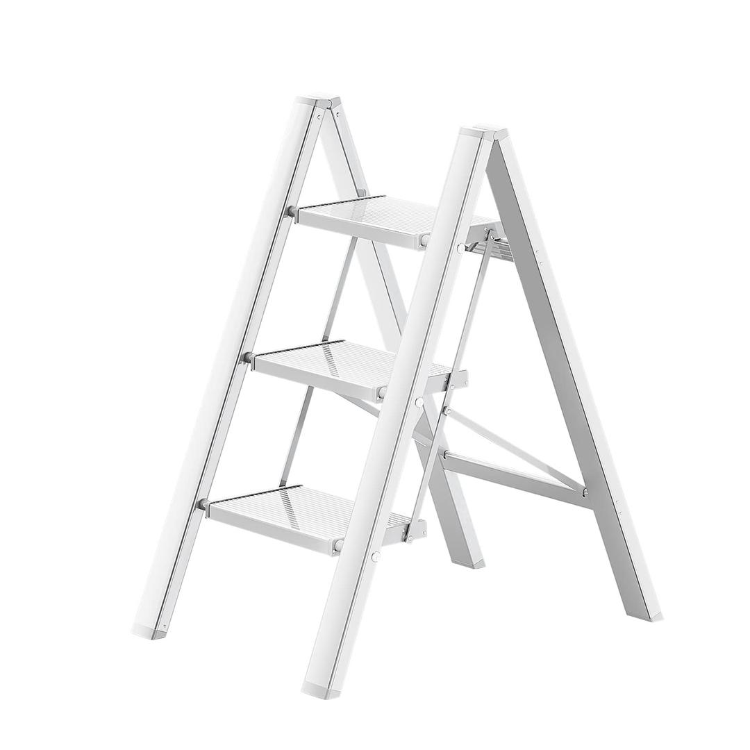 GameGem 3 Step Ladder, Aluminum Folding Step Stool with Anti-Slip Sturdy and Wide Pedal, Lightweight Portable Stepladder for Home and Kitchen Use Space Saving, Silver, 330 lbs