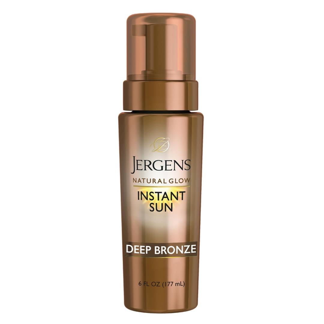 Jergens Natural Glow Instant Sun Body Mousse, Self Tanner for Deep Bronze Tan, Sunless Tanning Body Bronzer, Natural Looking Fake Tan, 6 Oz