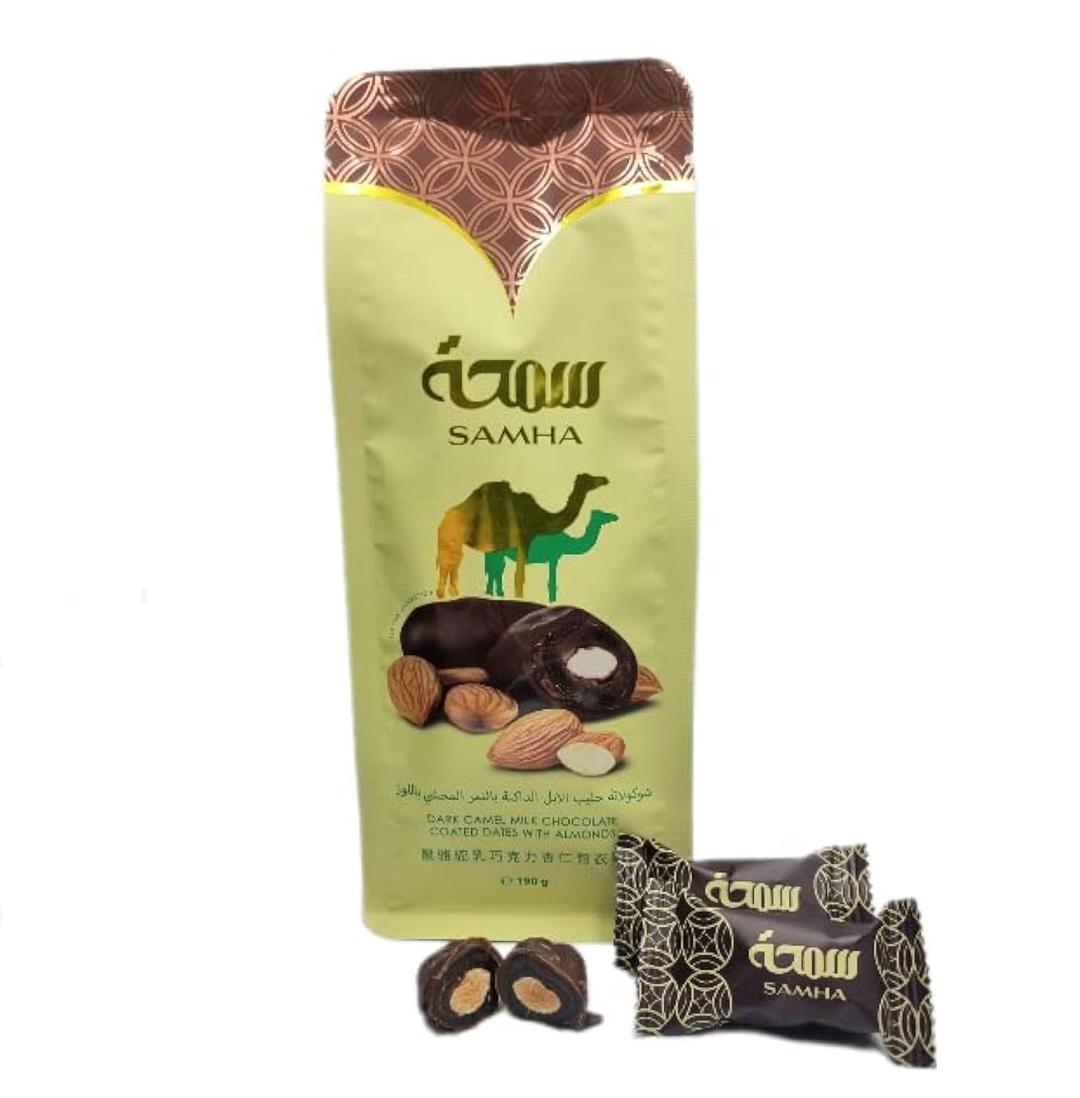 Samha Dark Camel Milk Chocolate Covered Almond Dates | Delicious Chocodate Back to School Snack or Gift for any Occasion Celebration Christmas, New Years