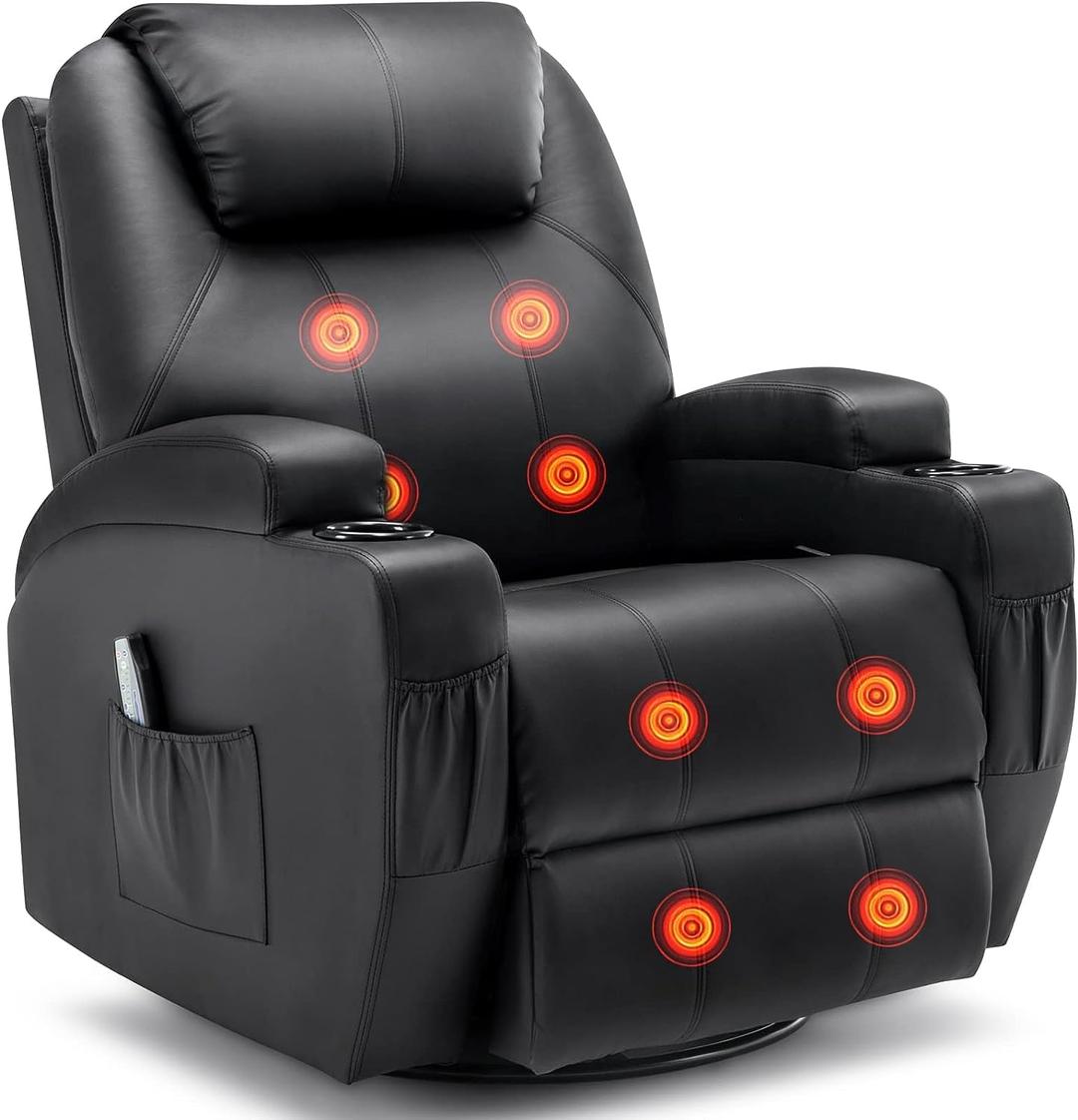 Recliner Chair, Rocking Chair with Massage and Heat, 360° Swivel Recliner Chairs for Adults, Rocker Manual Recliner with Remote Control and Cup Holder for Living Room, Bedroom, Nursery