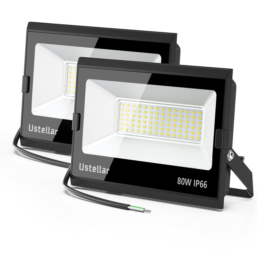 USTELLAR 2 Pack 80W LED Flood Light IP66 Waterproof Outdoor Super Bright Security Lights 800W Equiv, 5000K Daylight White Outside Floodlight Landscape Wall Lights