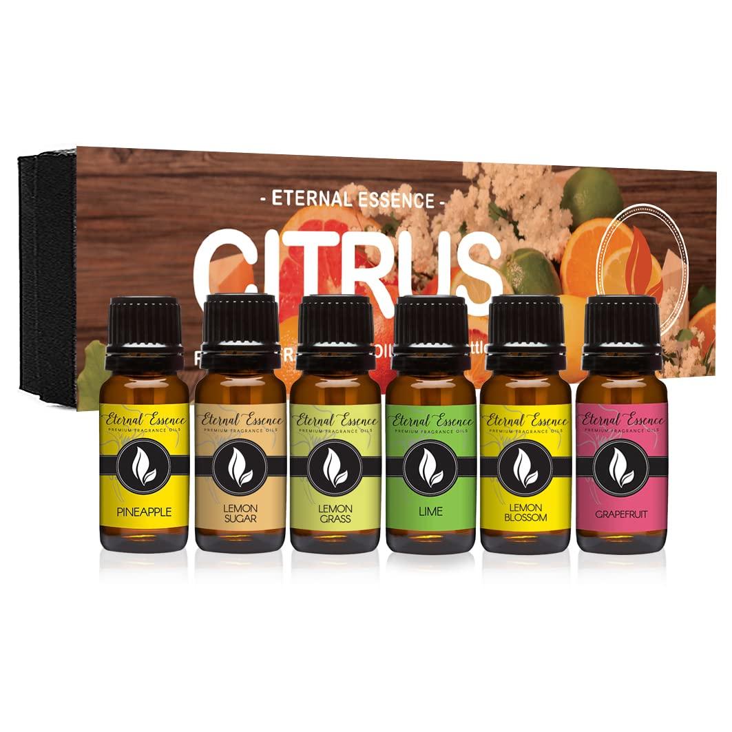 Eternal Essence OilsCitrus Set of 6 Premium Fragrance Oils - Lemon Grass, Lemon Blossom, Lemon Sugar, Lime, Grapefruit, and Pineapple - for Diffusers, Candle & Soap Making, & Aromatherapy - 10ML